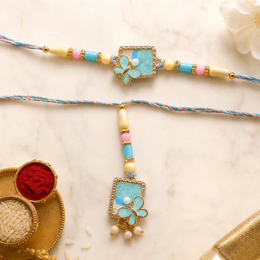 Turquoise Floral Bhaiya Bhabhi Lumba Rakhi with Pearls