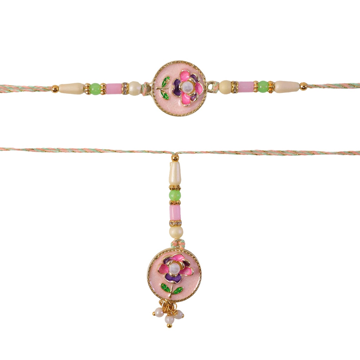 Pink Floral Kundan Bhaiya Bhabhi Lumba Rakhi with Pearls