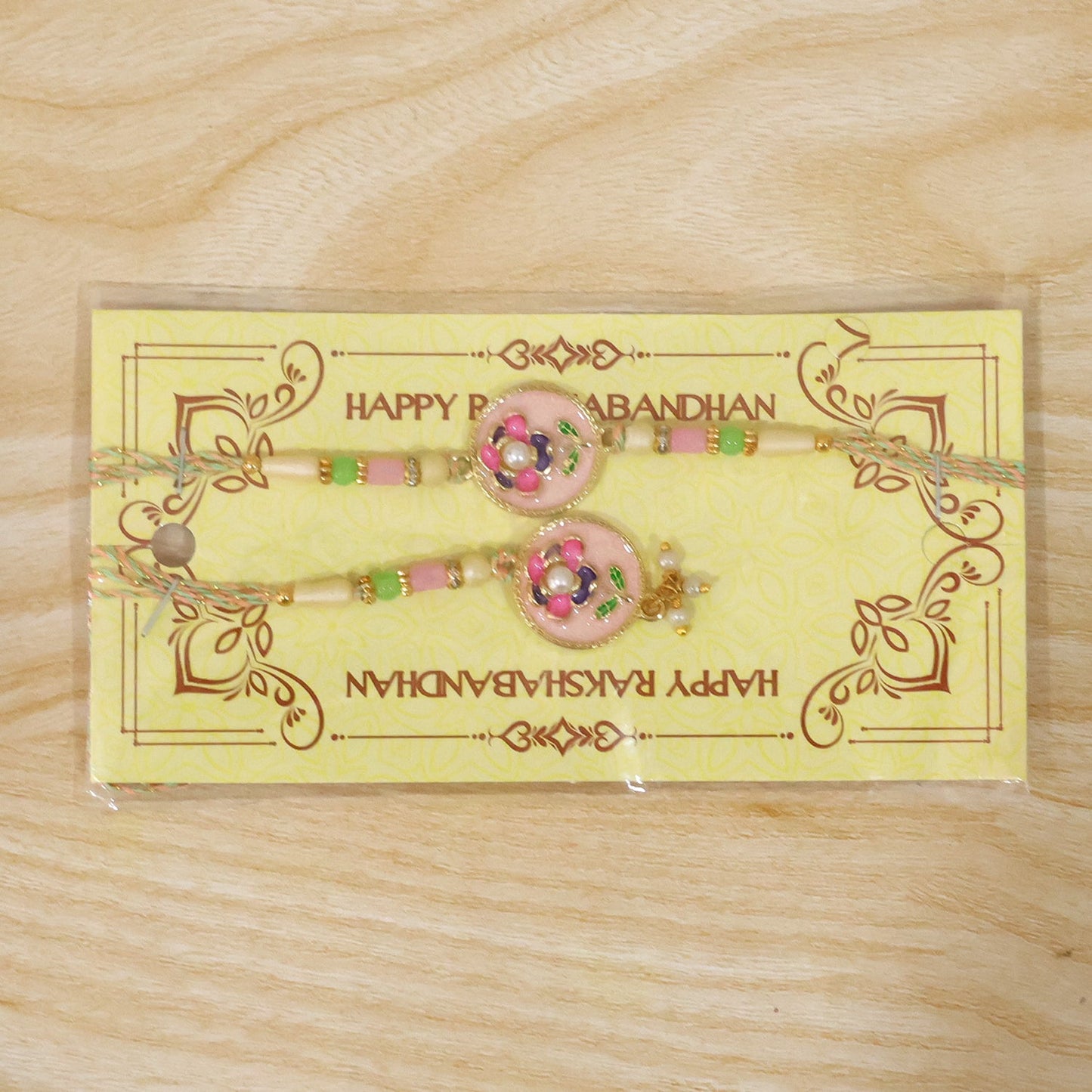 Pink Floral Kundan Bhaiya Bhabhi Lumba Rakhi with Pearls