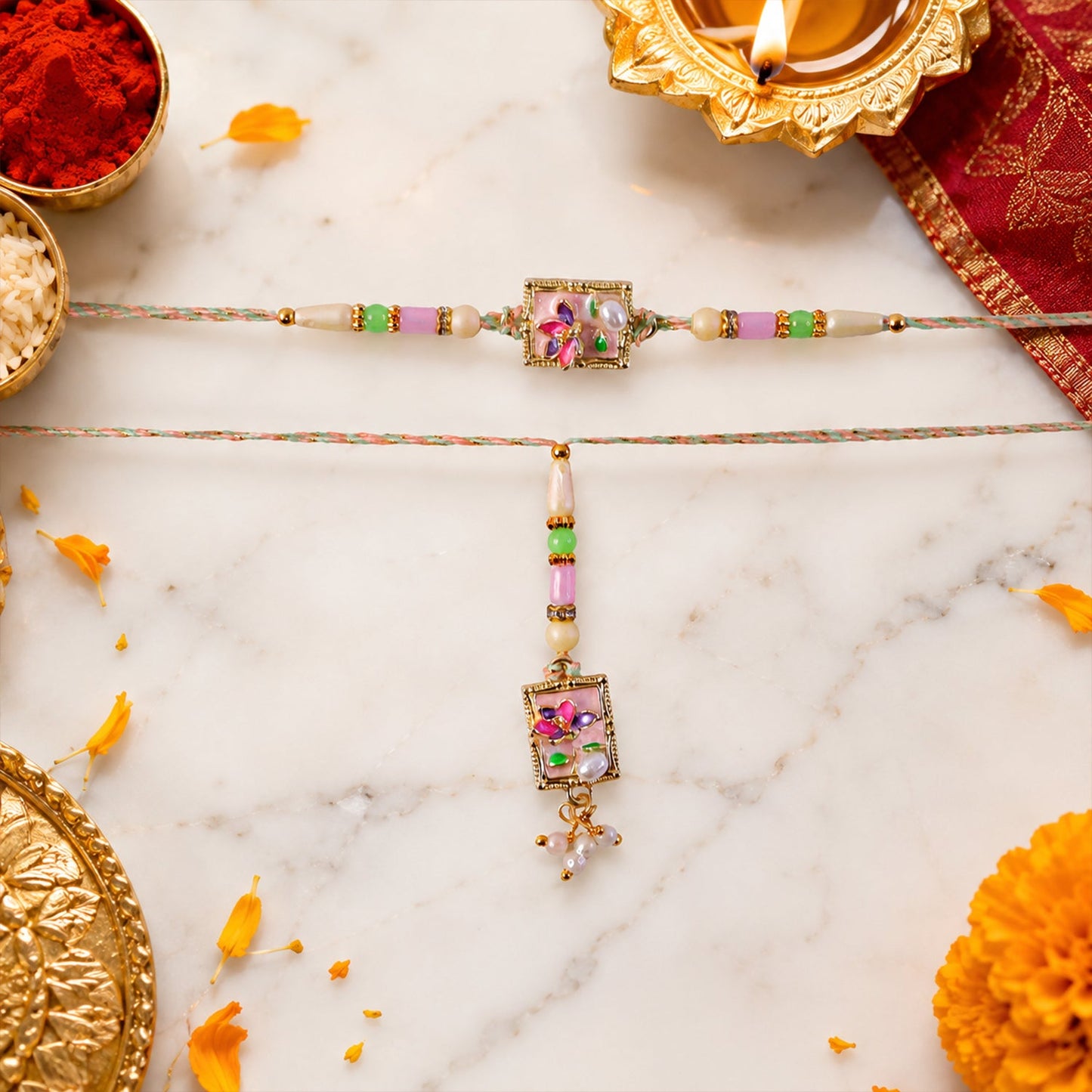 Green Floral Kundan Bhaiya Bhabhi Lumba Rakhi with Pearls
