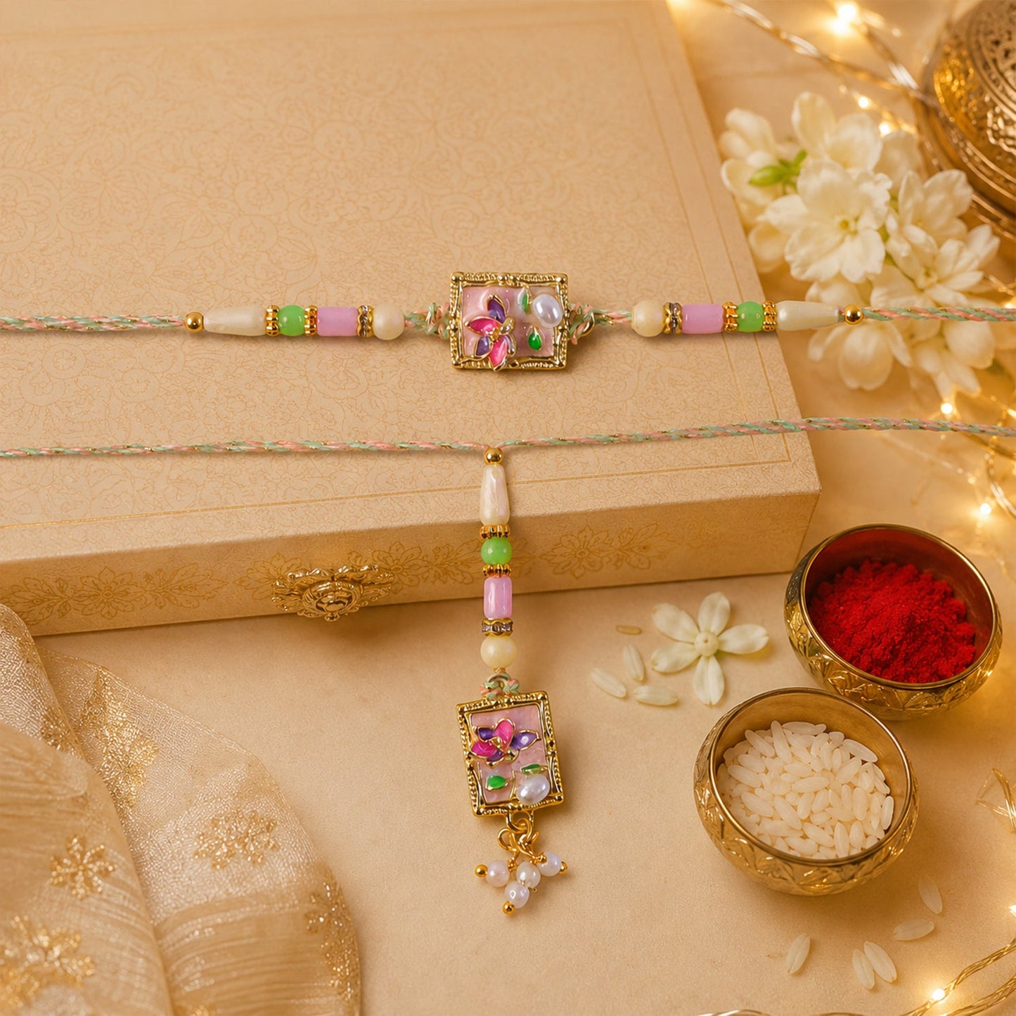Green Floral Kundan Bhaiya Bhabhi Lumba Rakhi with Pearls