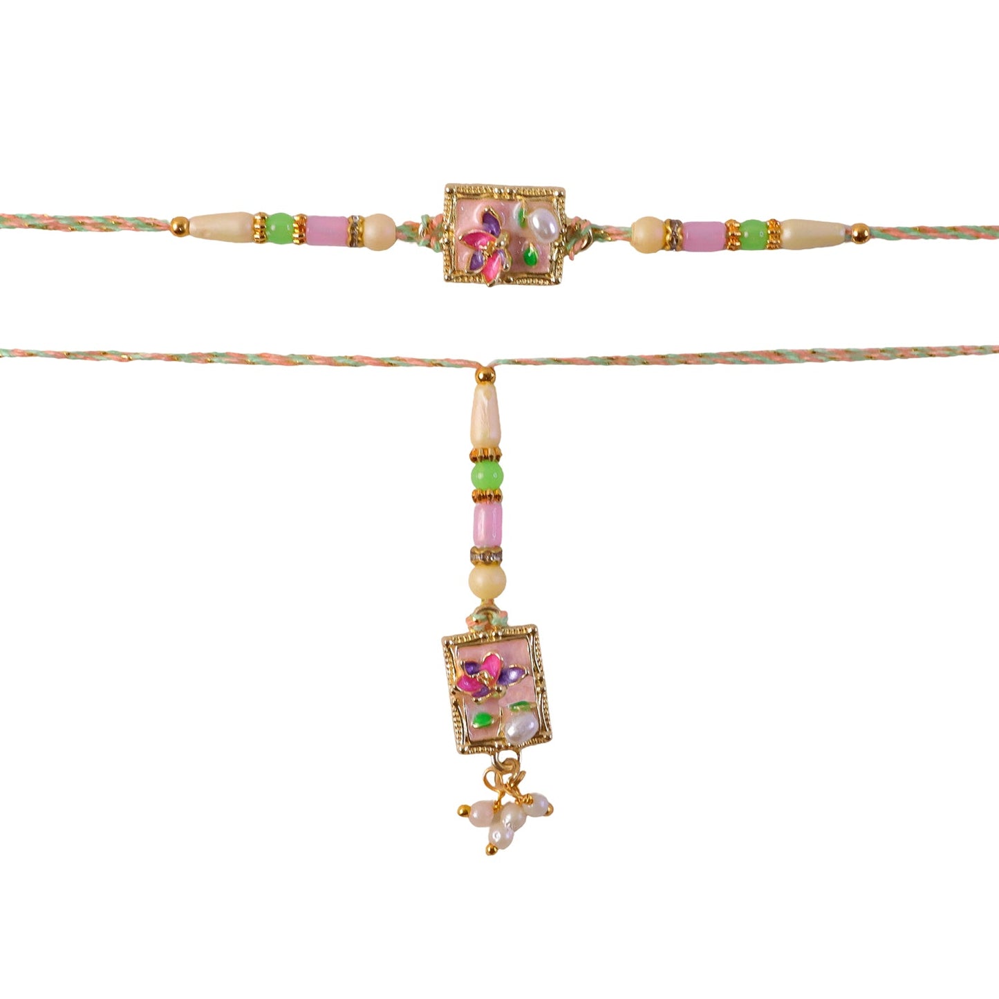 Green Floral Kundan Bhaiya Bhabhi Lumba Rakhi with Pearls
