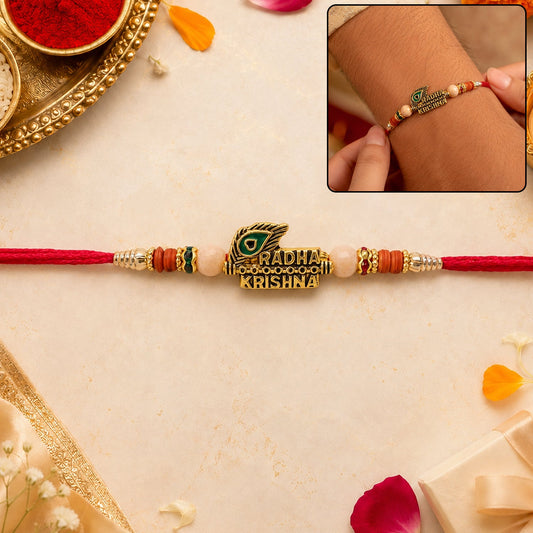 Radha Krishna Peacock Feather Stone Studded Gold Tone Rakhi for Brother