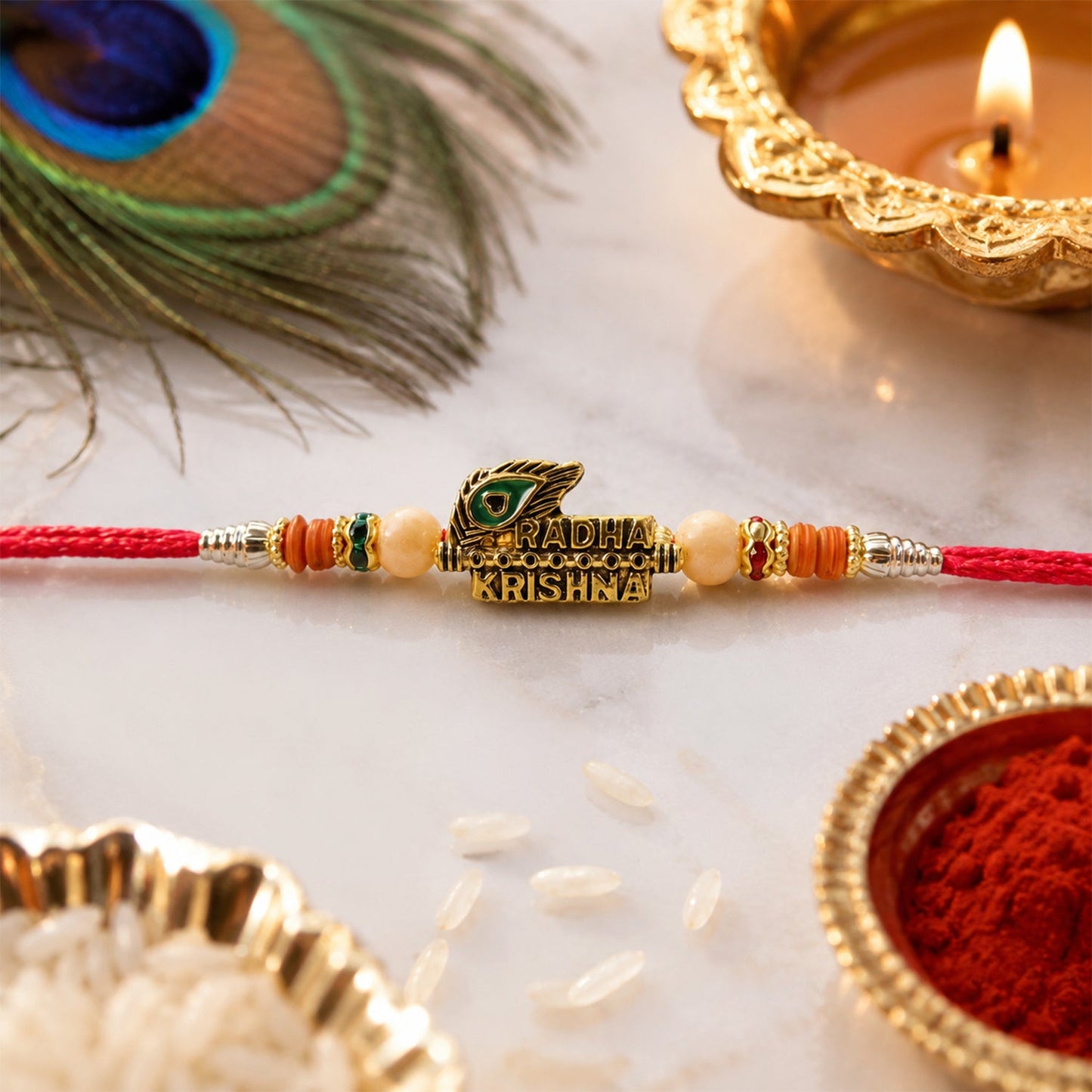 Radha Krishna Peacock Feather Stone Studded Gold Tone Rakhi for Brother
