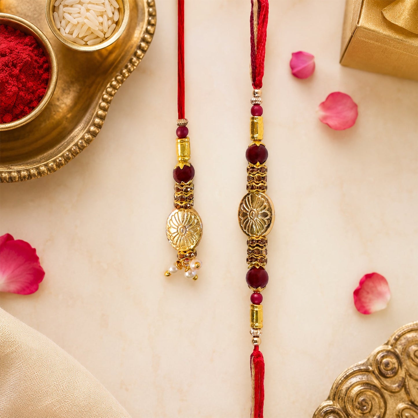 Floral Gold Tone Bead Oval Charm Bhaiya Bhabhi Rakhi Set