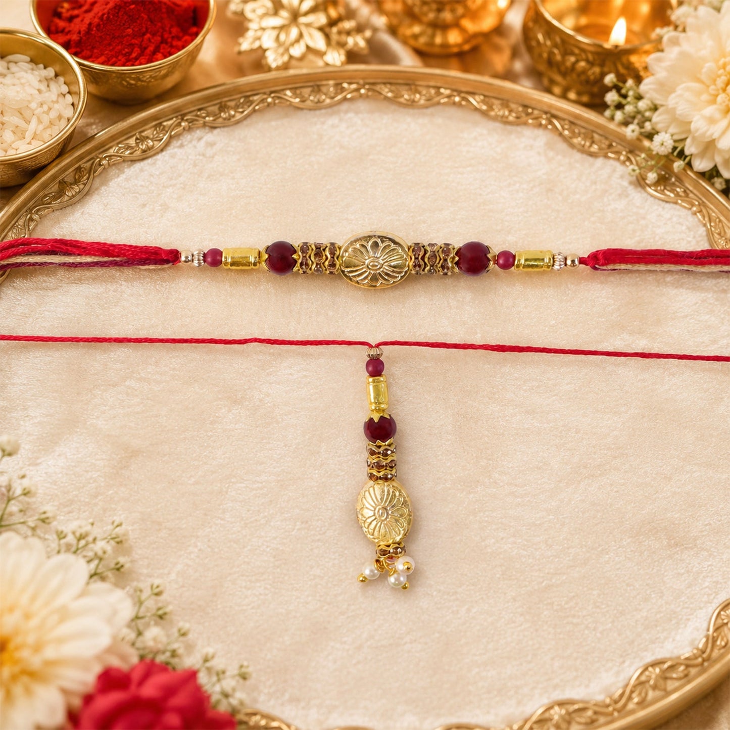Floral Gold Tone Bead Oval Charm Bhaiya Bhabhi Rakhi Set