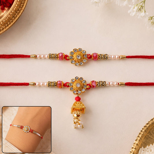Diamond Flower Golden Tone Pearl Bead Jhumki Bhaiya Bhabhi Rakhi Set