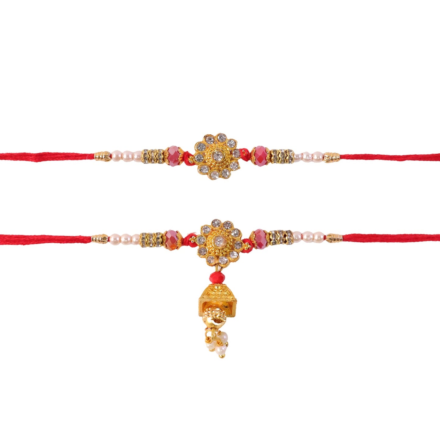Diamond Flower Golden Tone Pearl Bead Jhumki Bhaiya Bhabhi Rakhi Set