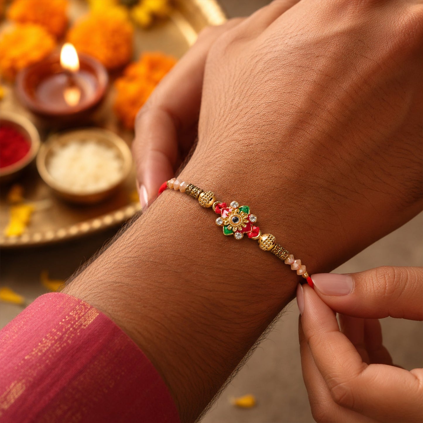 Red Green Enamel Floral Crystal Bead Golden Tone Bhaiya Bhabhi Rakhi Set