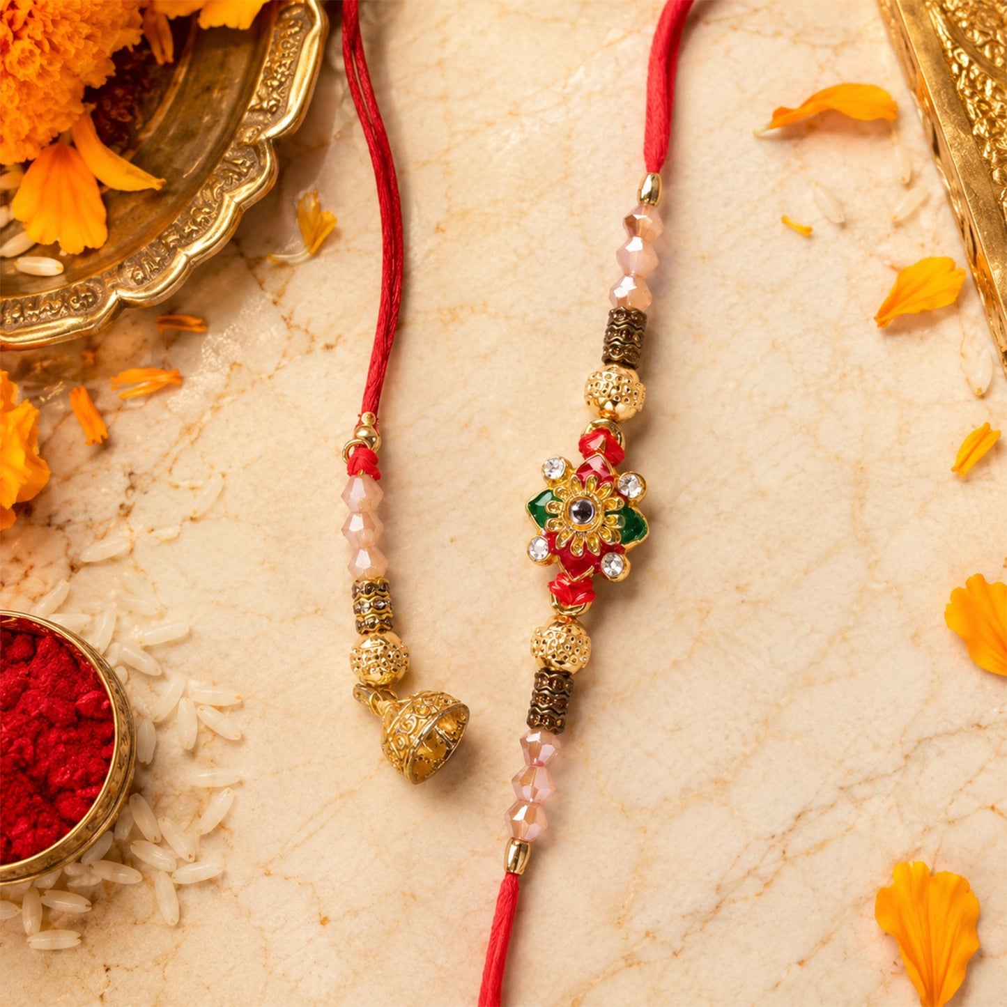 Red Green Enamel Floral Crystal Bead Golden Tone Bhaiya Bhabhi Rakhi Set