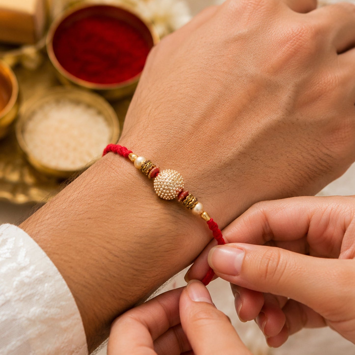 Golden Round Pearl Bead Textured Gold Tone Bhaiya Bhabhi Rakhi Set