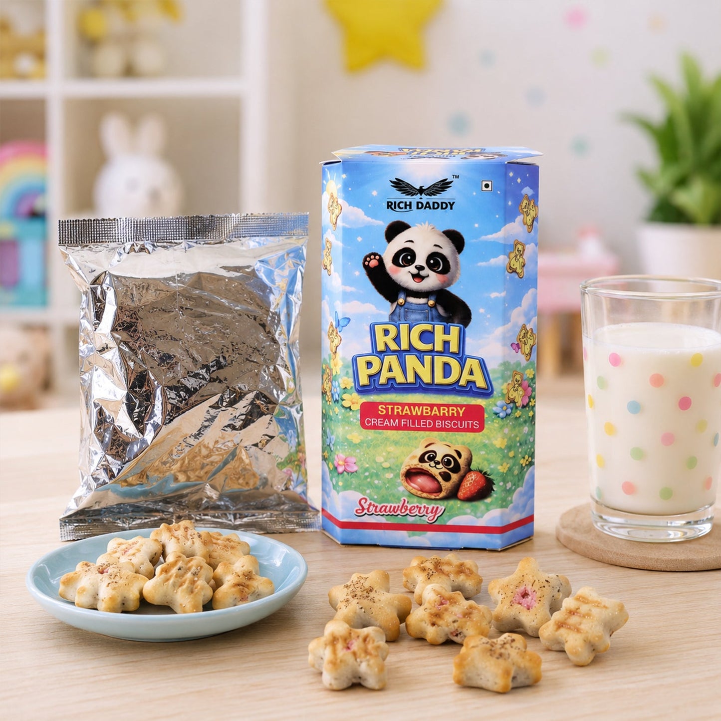 Rich Daddy Rich Panda Strawberry Cream Filled Biscuits (60 Gm)