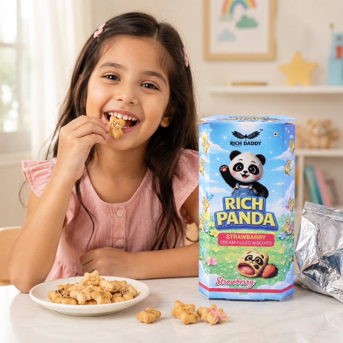 Rich Daddy Rich Panda Strawberry Cream Filled Biscuits (60 Gm)