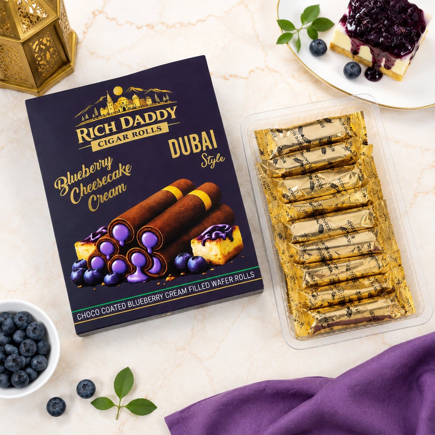 Rich Daddy Cigar Rolls – Blueberry Cheesecake Cream Filled Wafer Rolls (145 Gm)