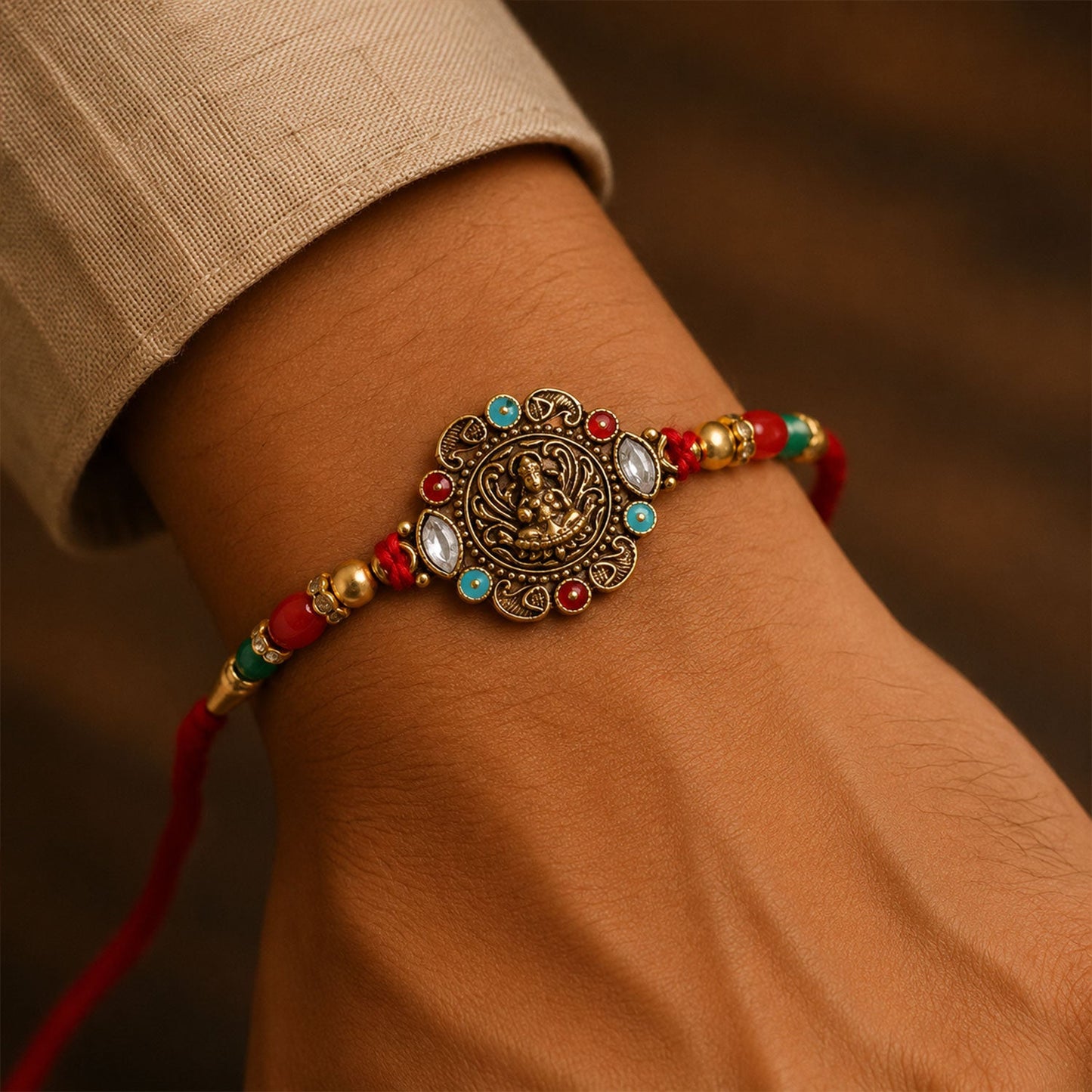 Antique Golden Divine Kundan Stone Bead Rakhi Rakshabandhan