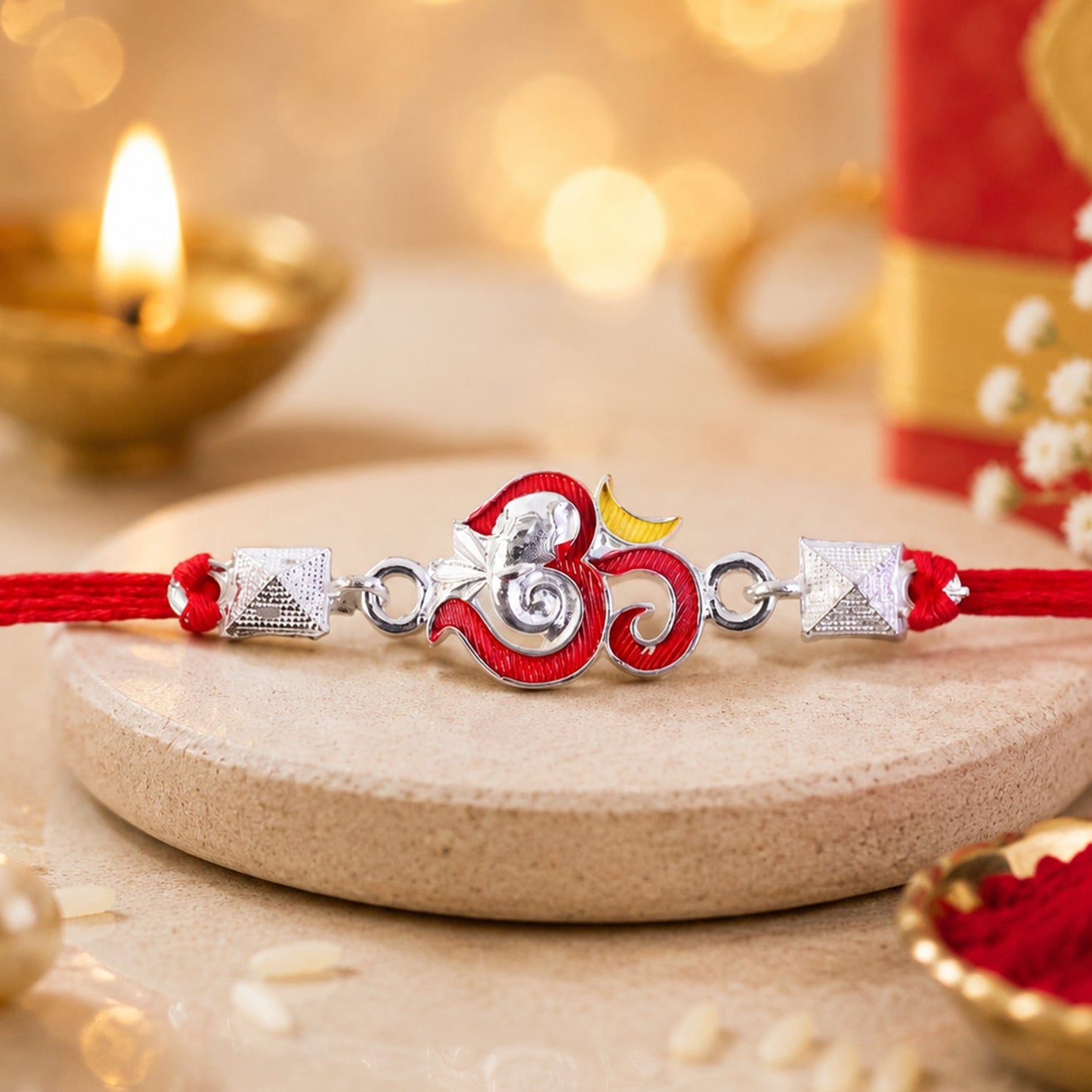 Silver Om Ganesha Enamel Pyramid Bead Rakhi Rakshabandhan