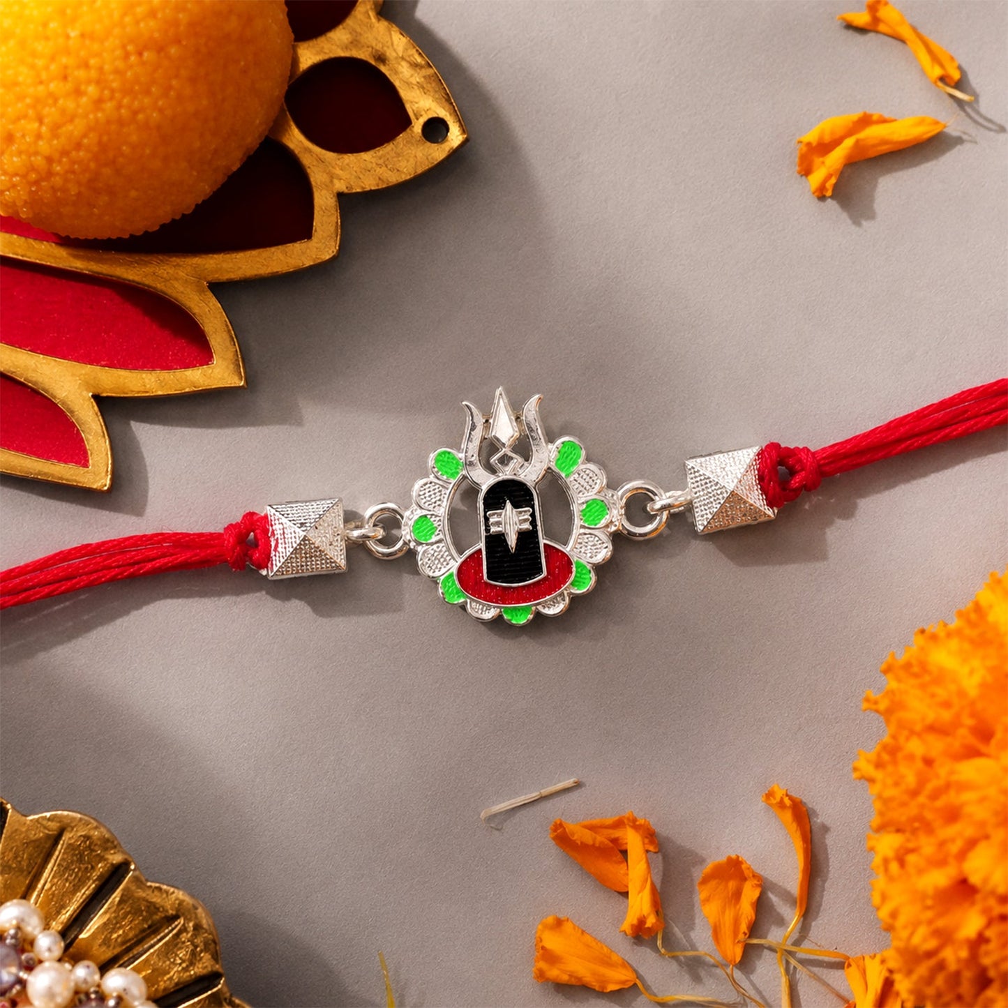Silver Shiv Lingam Trishul Enamel Bead Rakhi Rakshabandhan