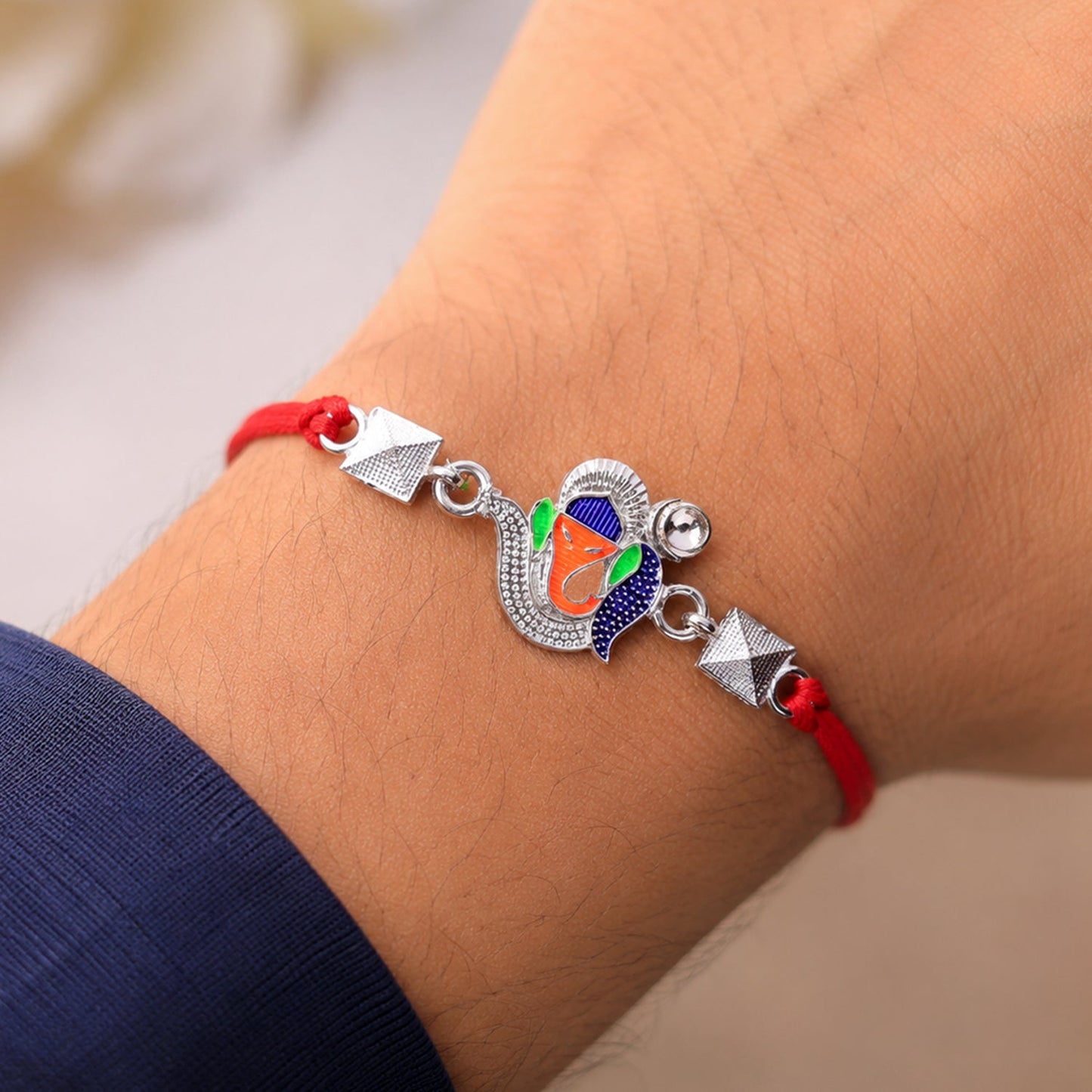 Silver Ganesha Enamel Charm Silver Bead Rakhi Rakshabandhan