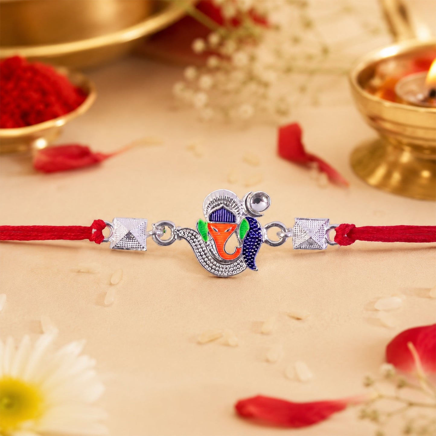 Silver Ganesha Enamel Charm Silver Bead Rakhi Rakshabandhan