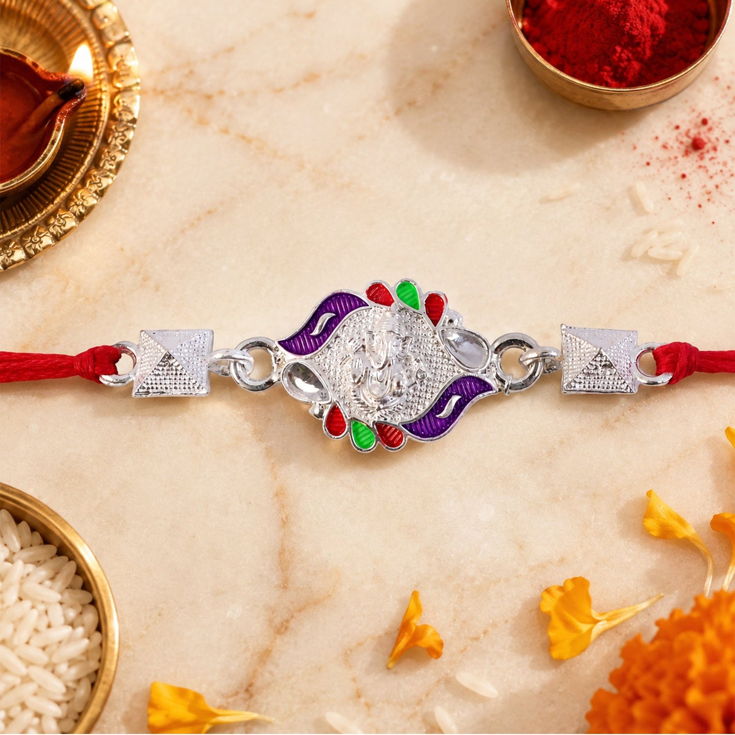 Silver Ganesha Multicolor Enamel Pyramid Bead Rakhi Rakshabandhan