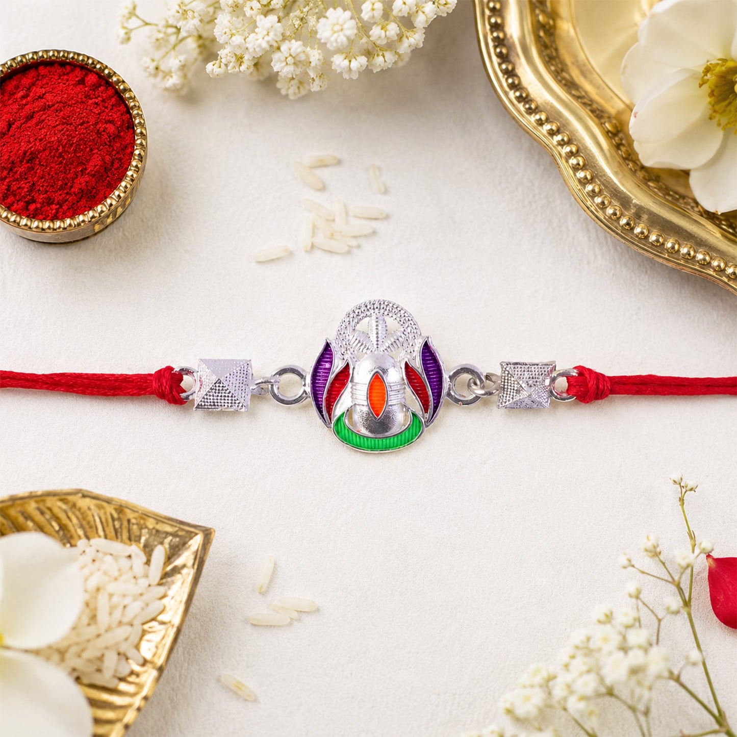Silver Shivling Multicolor Enamel Silver Bead Rakhi Rakshabandhan