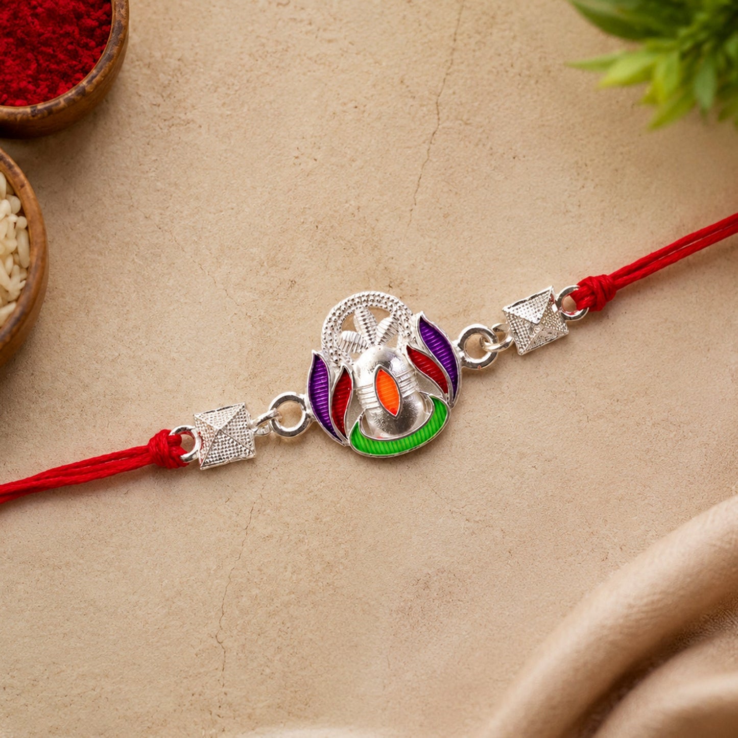 Silver Shivling Multicolor Enamel Silver Bead Rakhi Rakshabandhan
