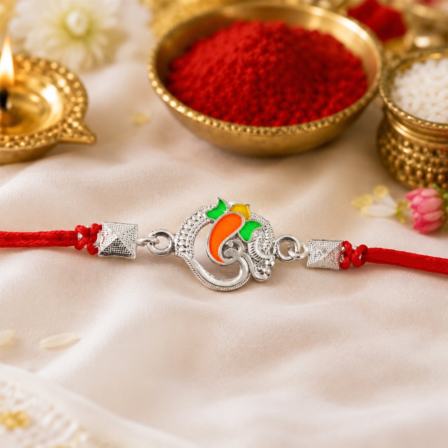 Silver Om Ganesha Enamel Bead Rakhi Rakshabandhan