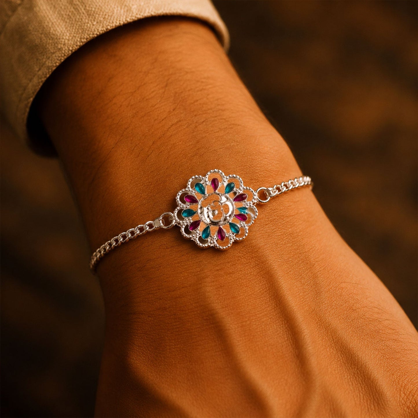 Silver Floral Om Enamel Chain Bracelet Rakhi Rakshabandhan