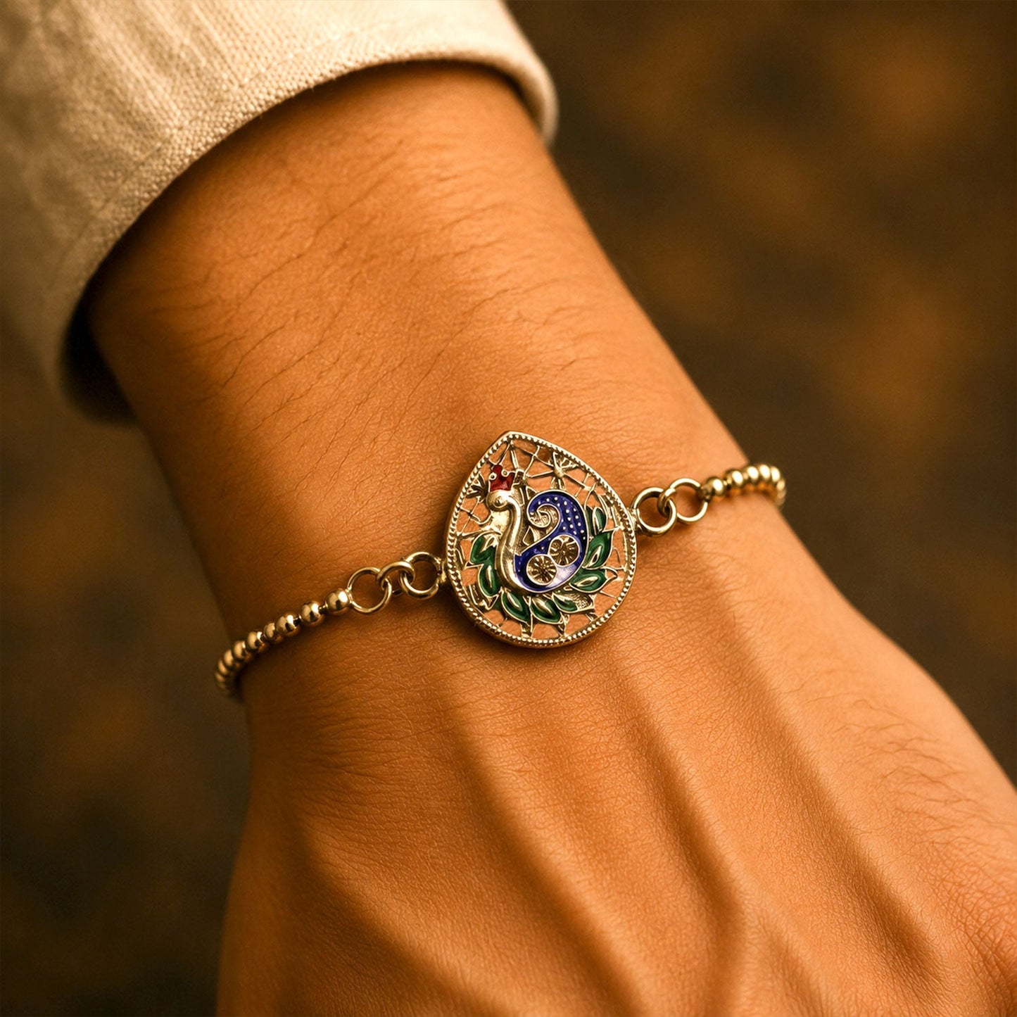 Silver leaf Design Peacock Enamel Chain Bracelet Rakshabandhan