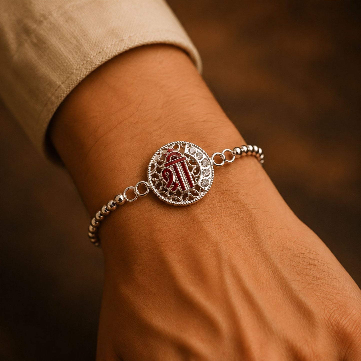 Silver Round Shree Enamel Stone Chain Bracelet Rakshabandhan