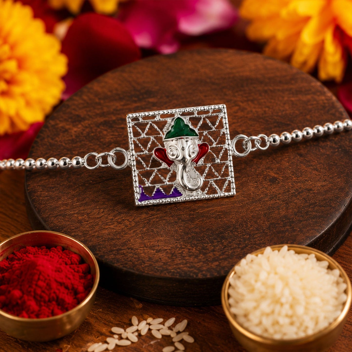 Silver Square Ganesha Enamel Filigree Chain Rakshabandhan