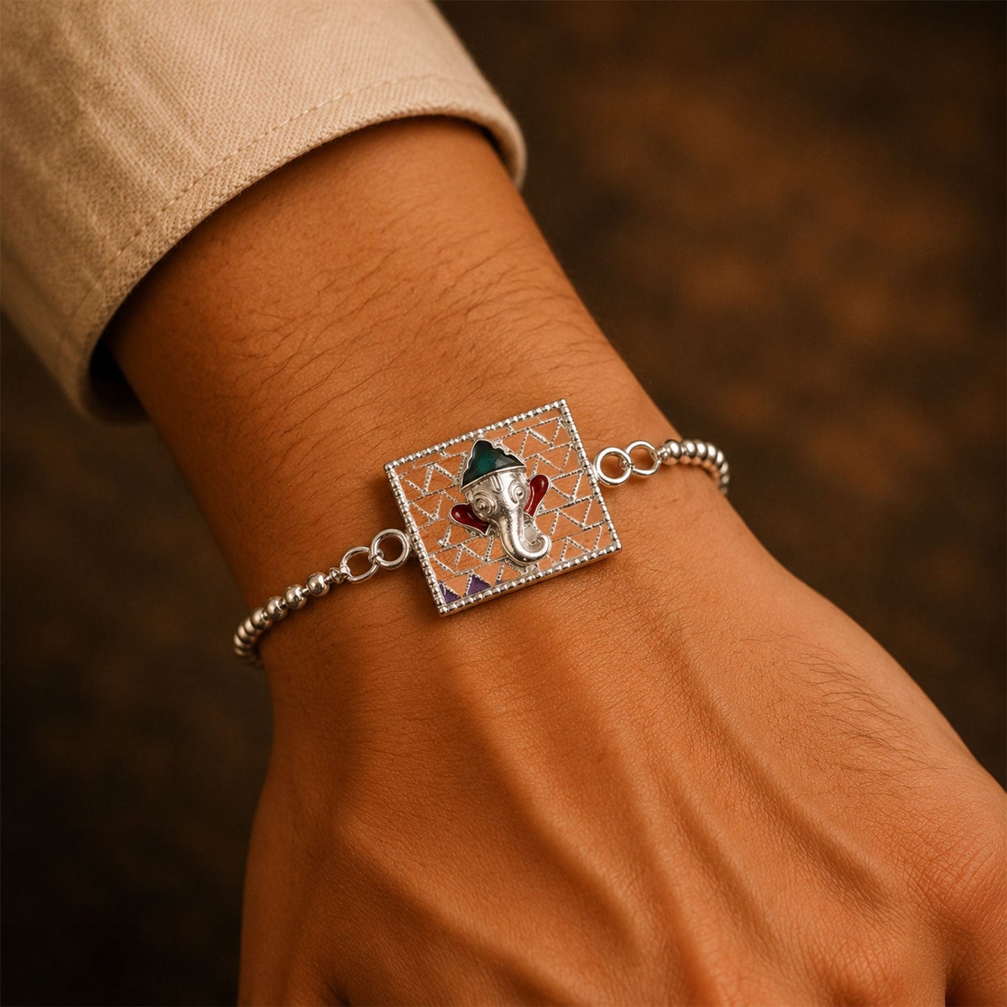 Silver Square Ganesha Enamel Filigree Chain Rakshabandhan