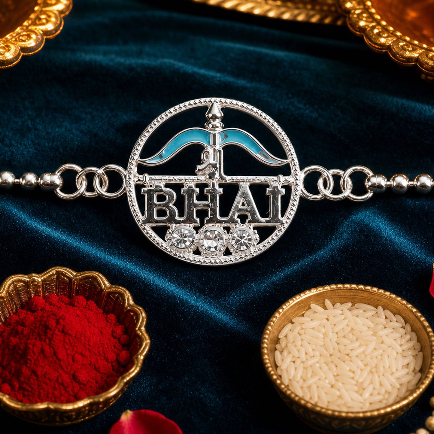 Silver Round Bhai Text Enamel Chain Bracelet Rakshabandhan