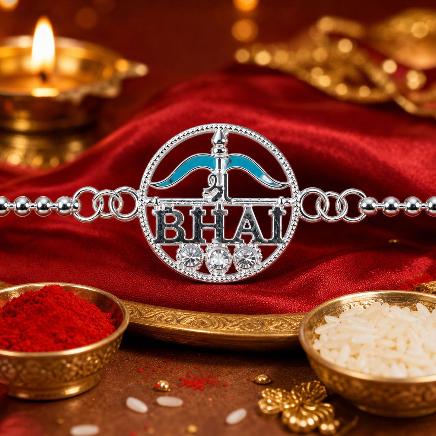 Silver Round Bhai Text Enamel Chain Bracelet Rakshabandhan