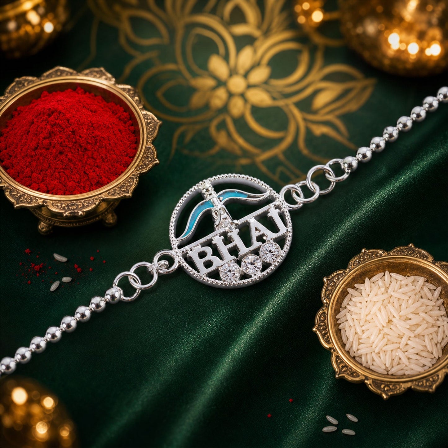 Silver Round Bhai Text Enamel Chain Bracelet Rakshabandhan