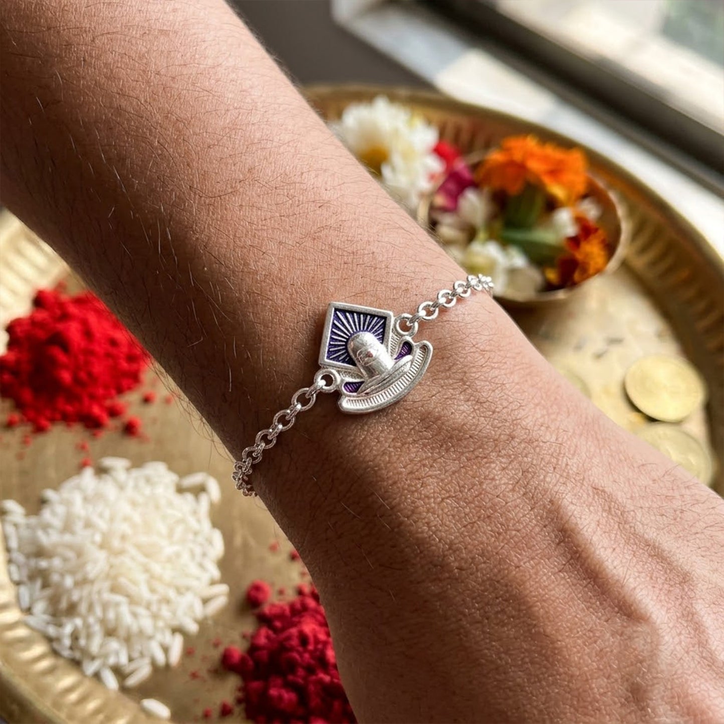 Shiv Lingam Enamel Chain Bracelet Rakhi for Brother