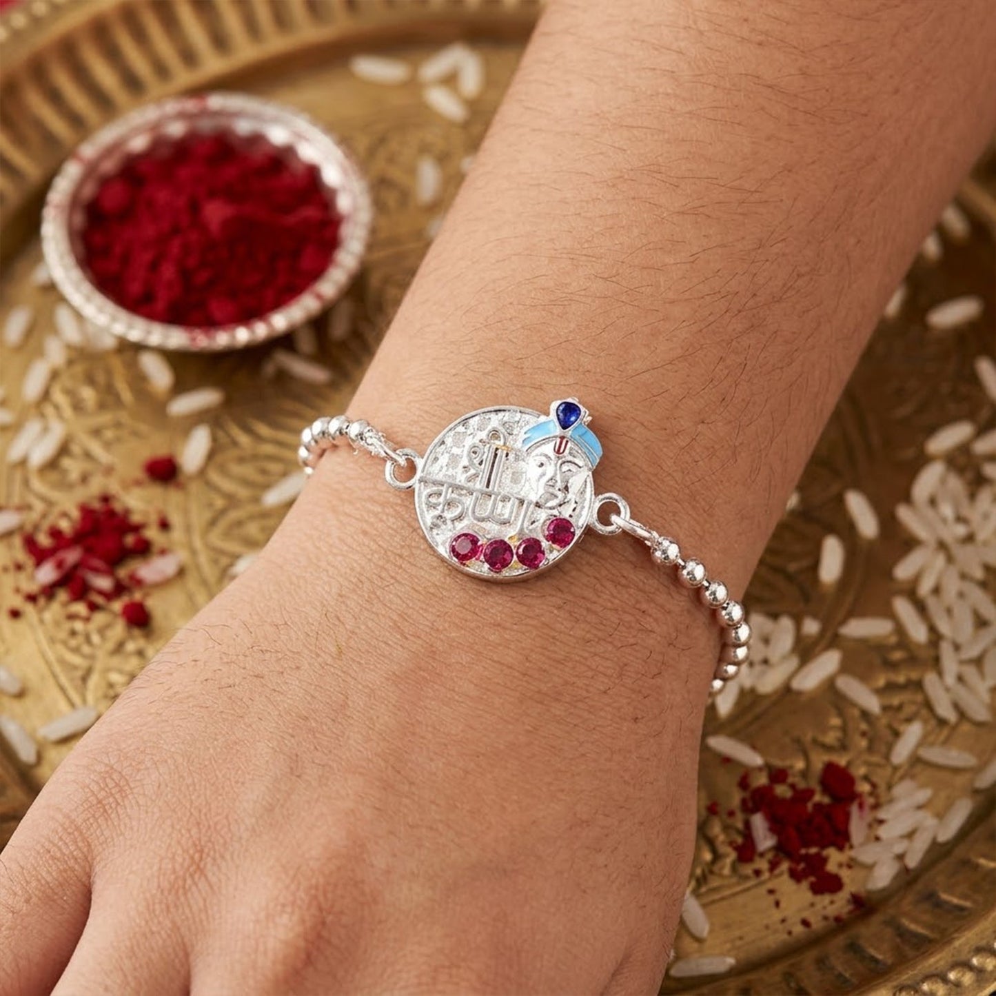 Shree Krishna Round Frame Stone Studded Bracelet Rakhi for Brother