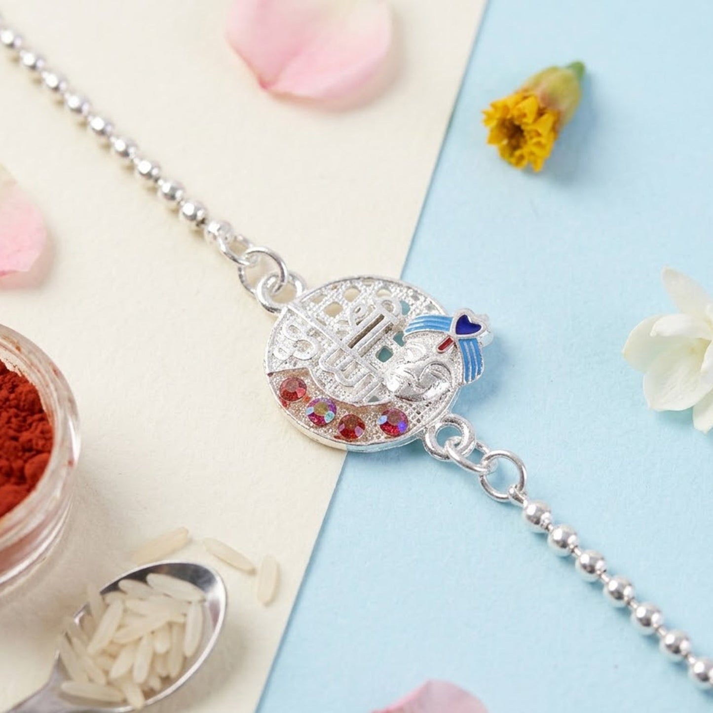 Shree Krishna Round Frame Stone Studded Bracelet Rakhi for Brother