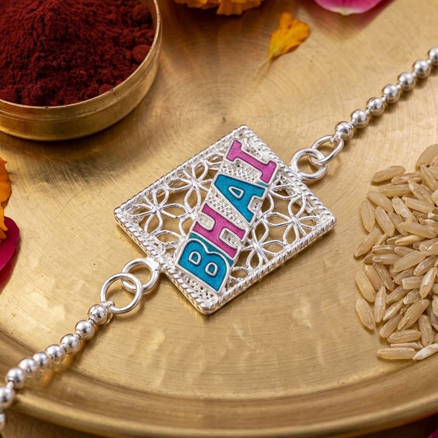 Bhai Text Enamel Square Charm Chain Bracelet Rakhi