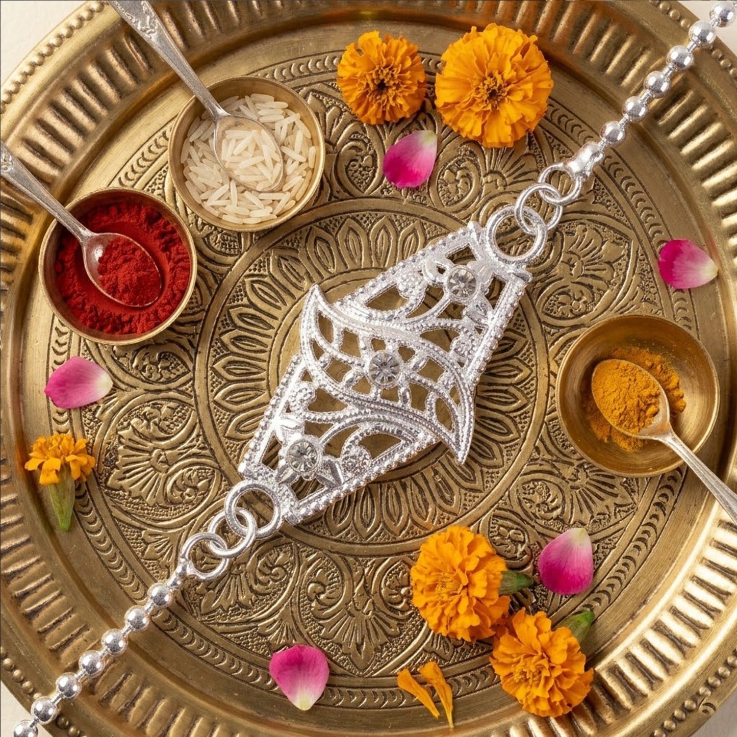 Diamond Shape Leaf Stone Studded Chain Bracelet Rakhi