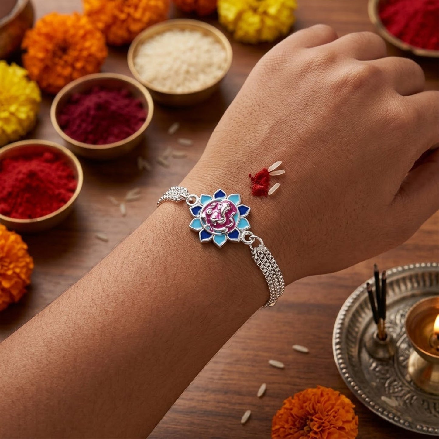 Lord Ganesha Floral Petal Enamel Charm Chain Bracelet Rakhi