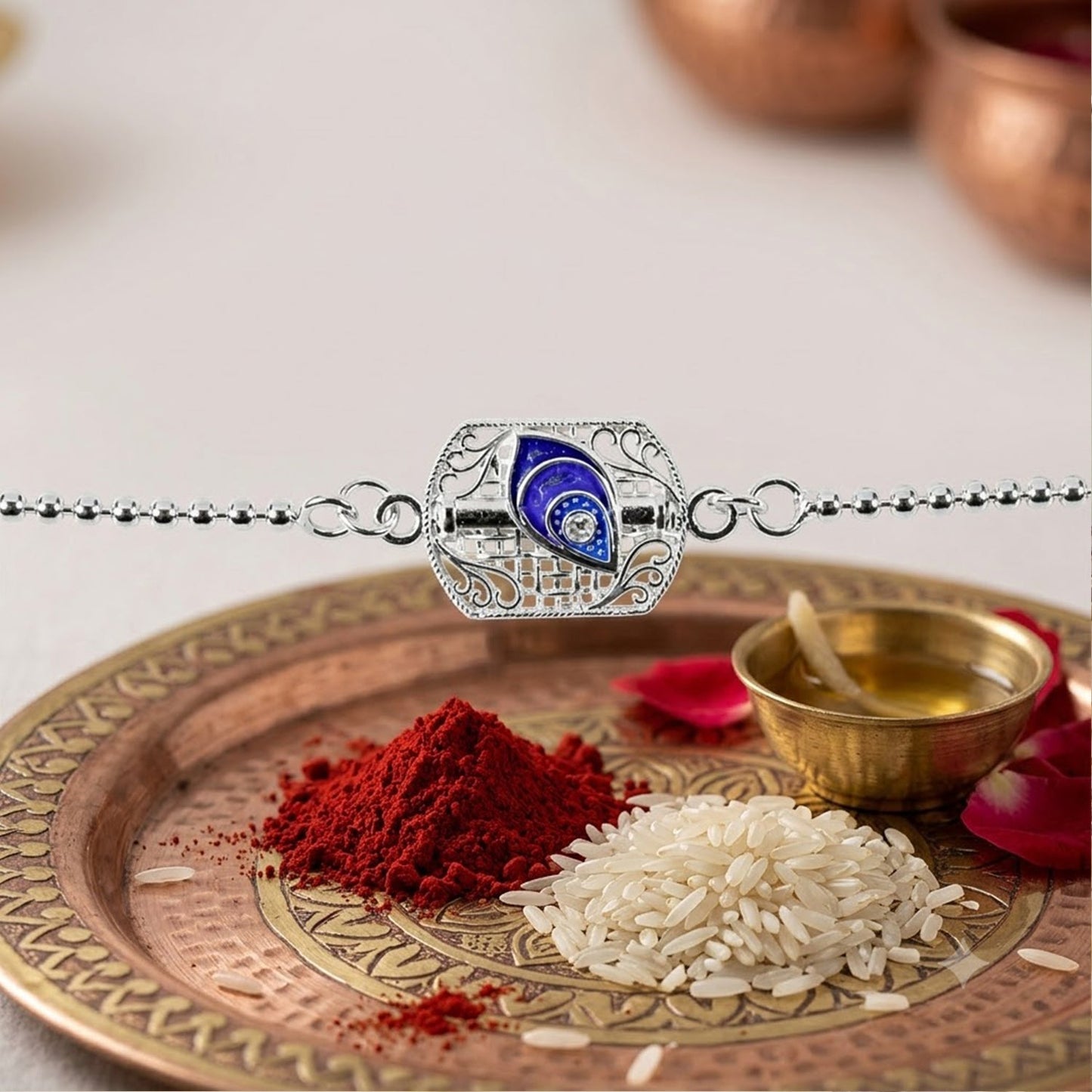 Silver Peacock Enamel Charm Chain Bracelet Rakhi