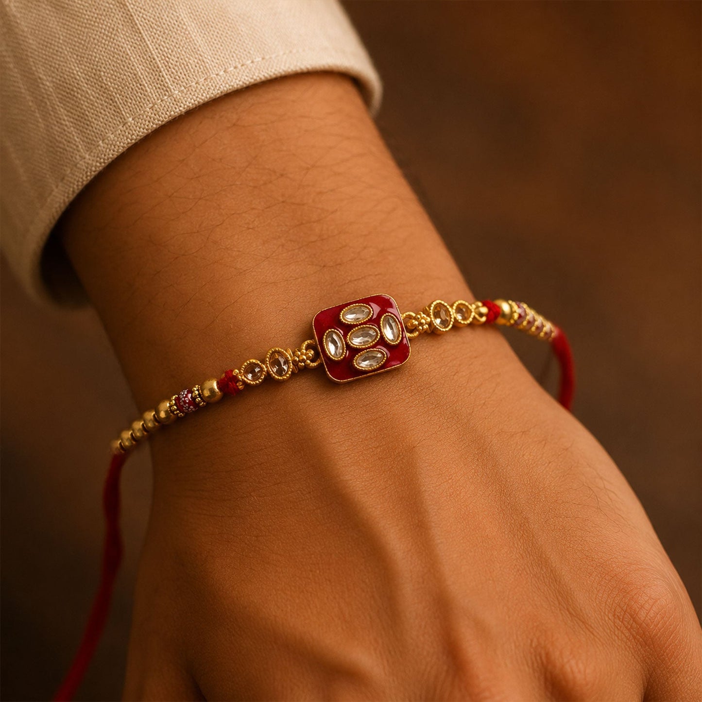 Square Kundan Multi Stone Enamel Charm Pearl Bead Thread Rakhi for Brother