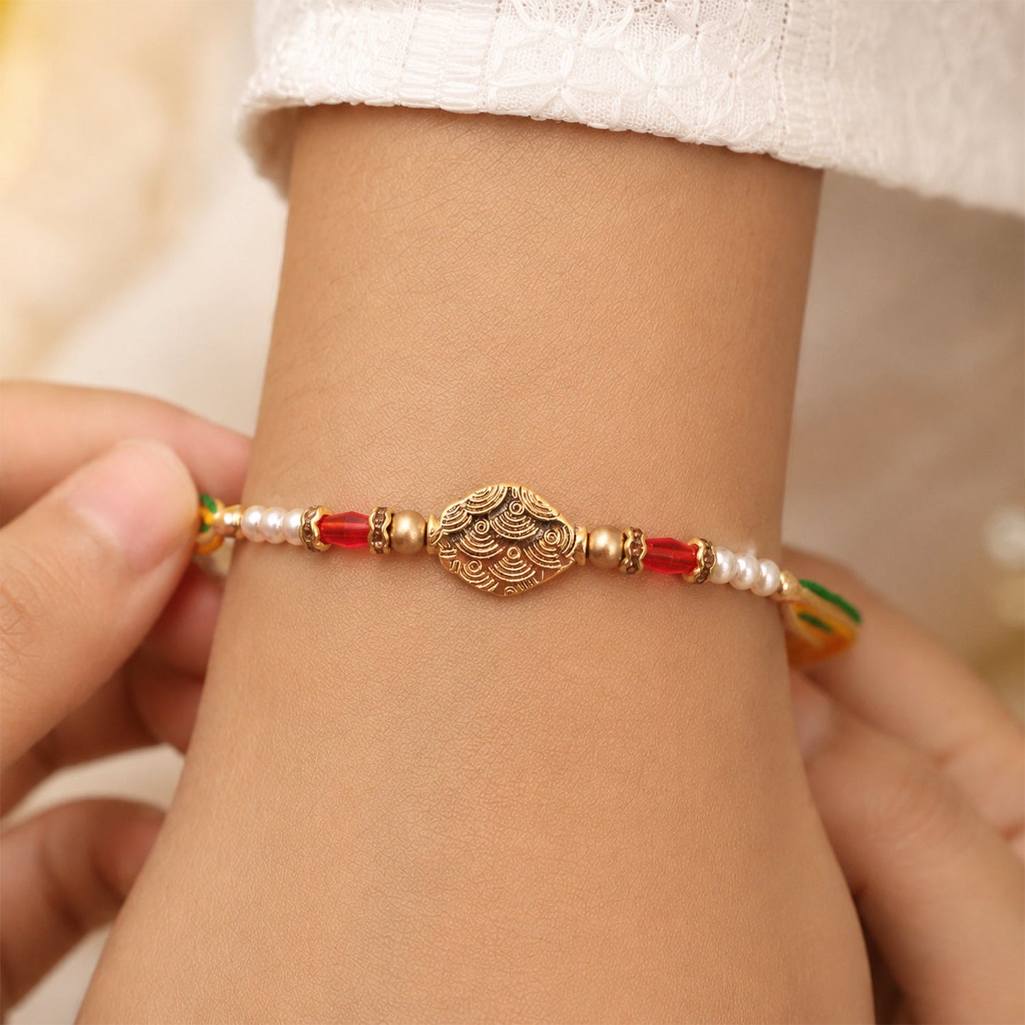 Antique Oval Textured Charm Pearl Crystal Bead Fancy Thread Rakhi for Brother