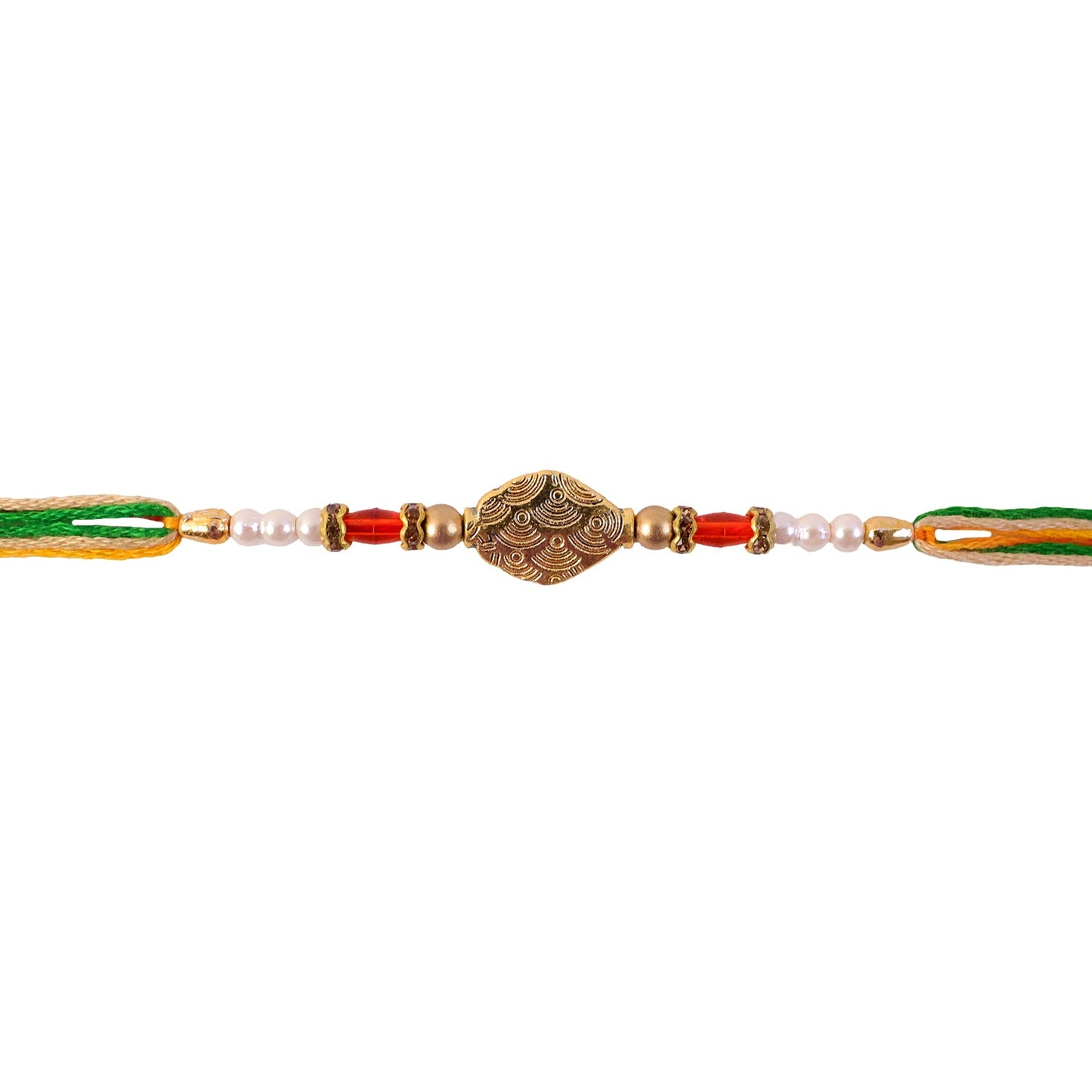 Antique Oval Textured Charm Pearl Crystal Bead Fancy Thread Rakhi for Brother