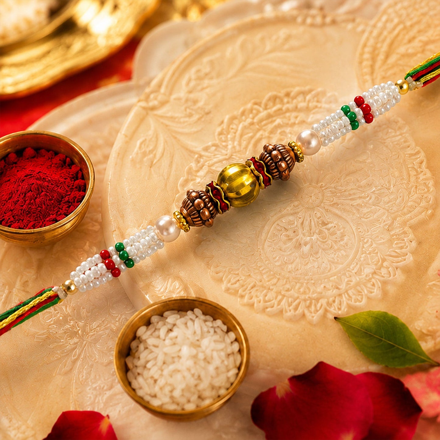 Antique Pearl Bead Fancy Multithread Rakhi for Brother