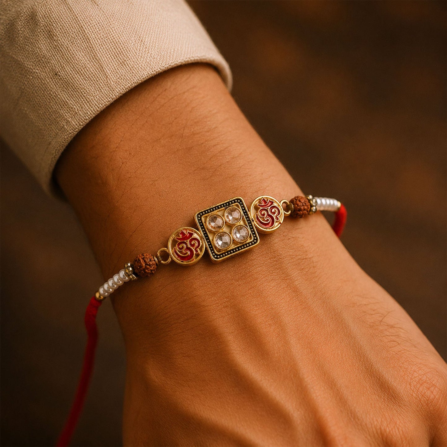 Om Kundan Square Frame Rudraksha Bead Fancy Thread Rakhi for Brother