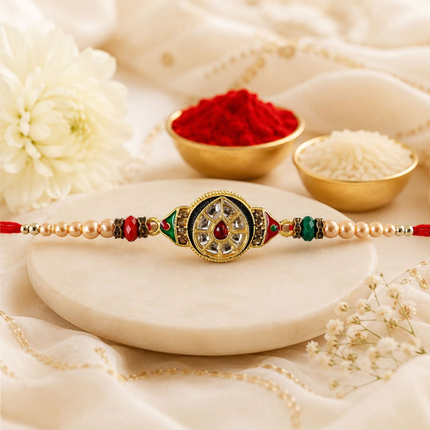 Round Kundan Meenakari Design Crystal Bead Thread Rakhi for Brother