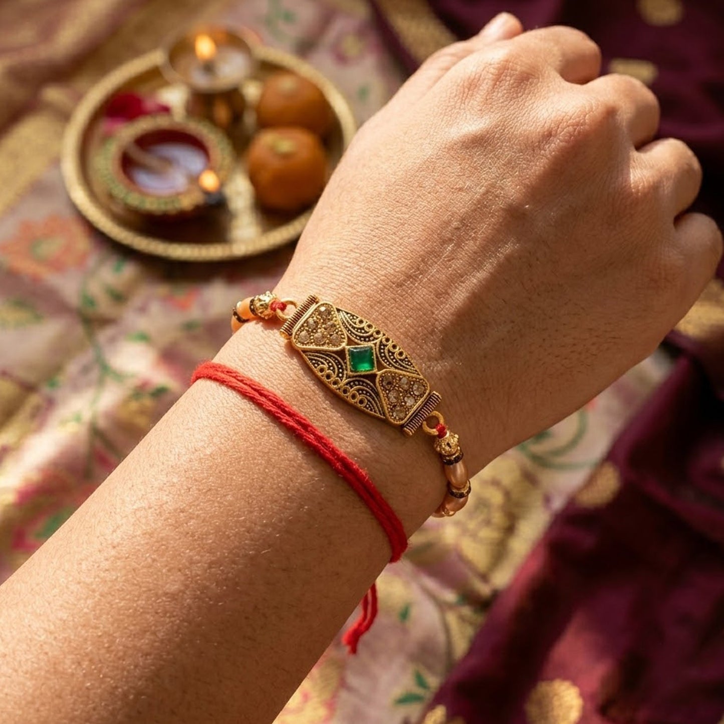 Antique Meenakari Elongated Oval Charm Pearl Bead Thread Rakhi for Brother