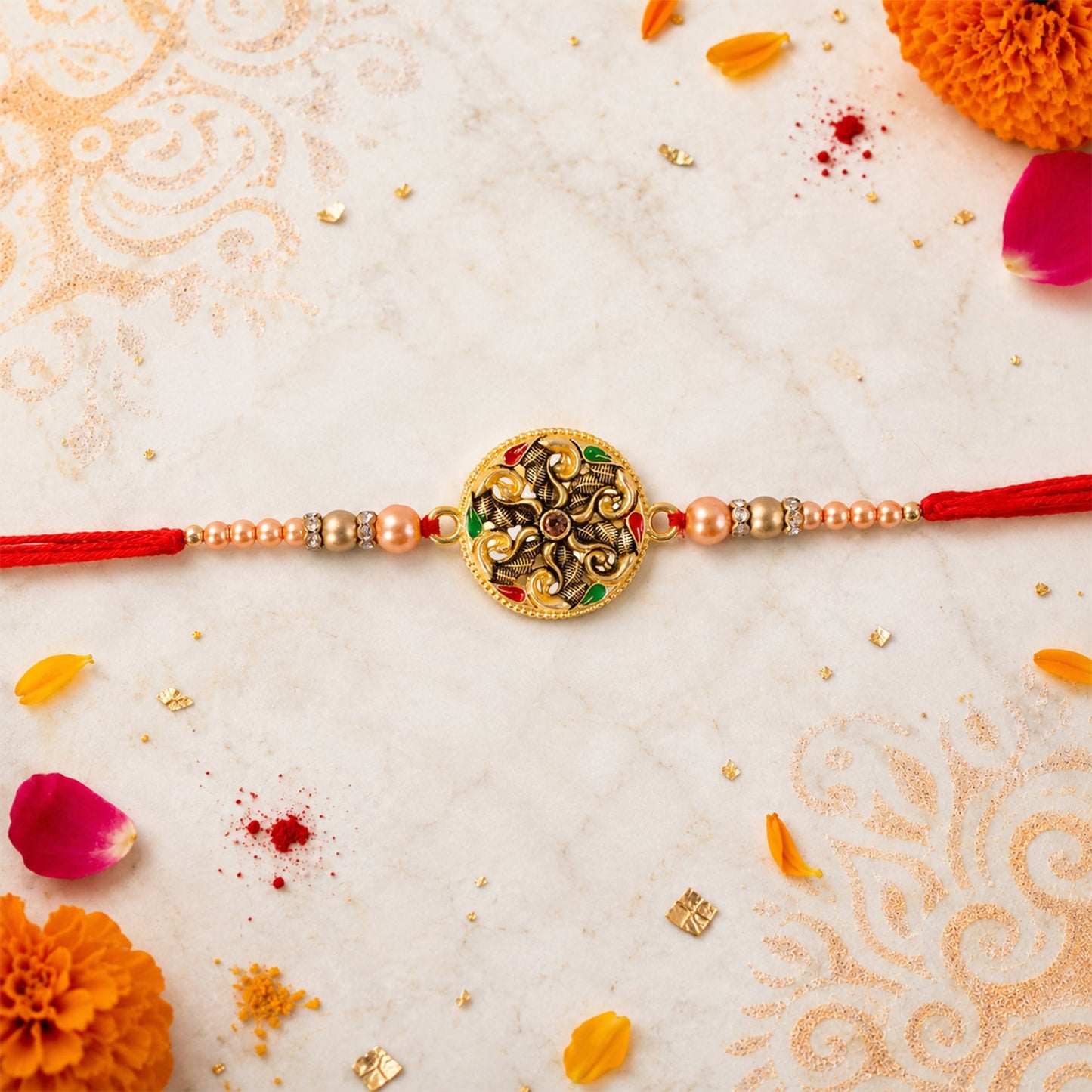 Round Antique Meenakari Floral Charm Pearl Bead Rakhi for Brother